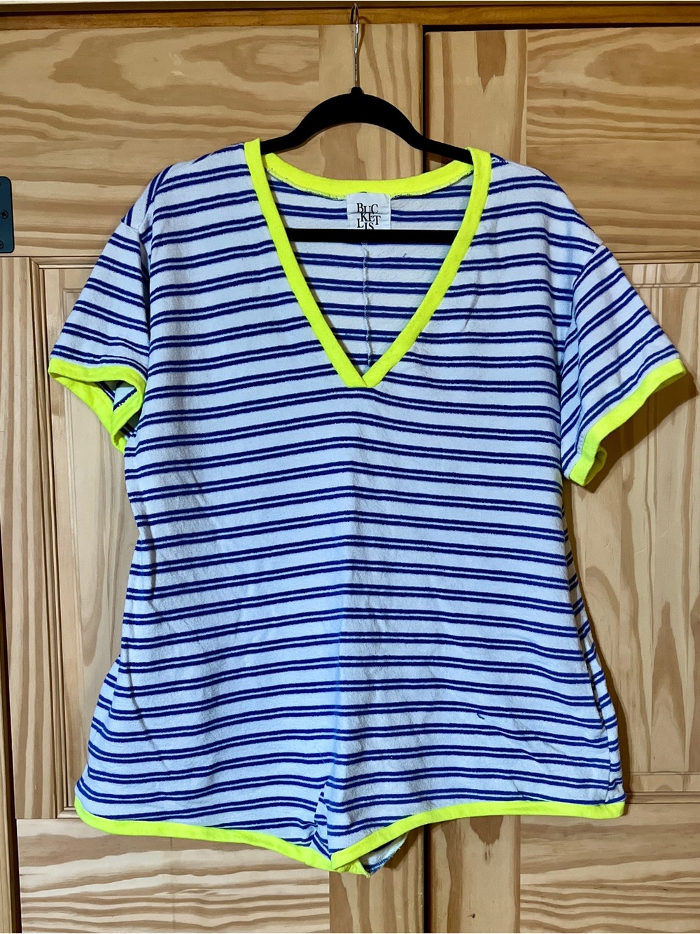 BUCKETLIST Blue/white Striped V-Neck Romper with Neon Yellow Trim